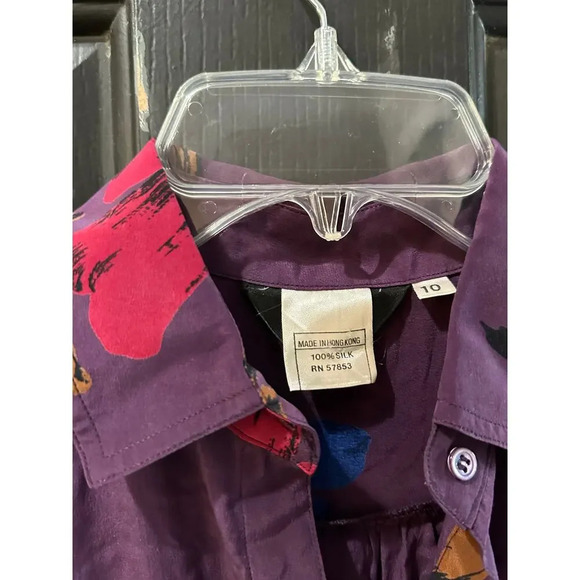 Vintage Purple Floral 100% Silk Button Front Midi Shirt Dress Size 10 - Picture 5 of 5